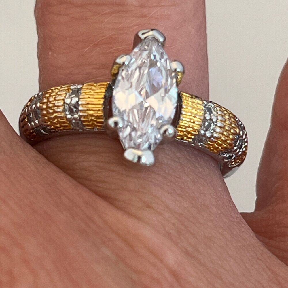 Vintage 1990s Marquise CZ Ring Two Tone Sterling Silver - 4H